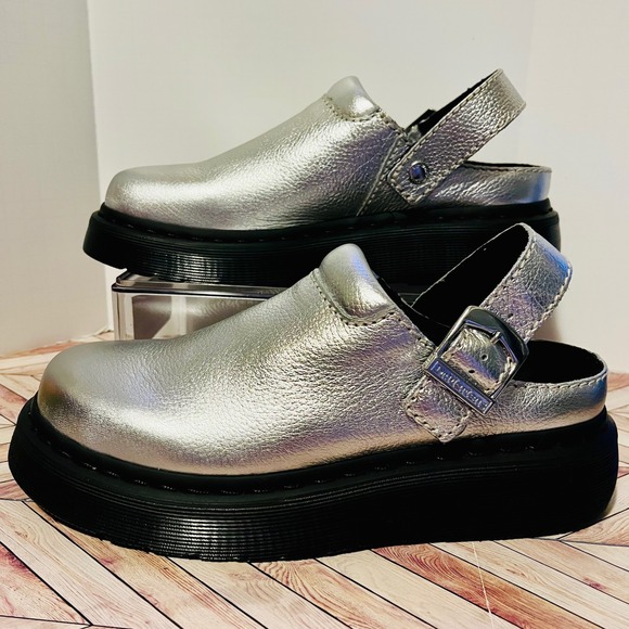 Dr Martens Laketen Metallic Silver Leather M 7 L 8 Platform Clogs Mules Y2K